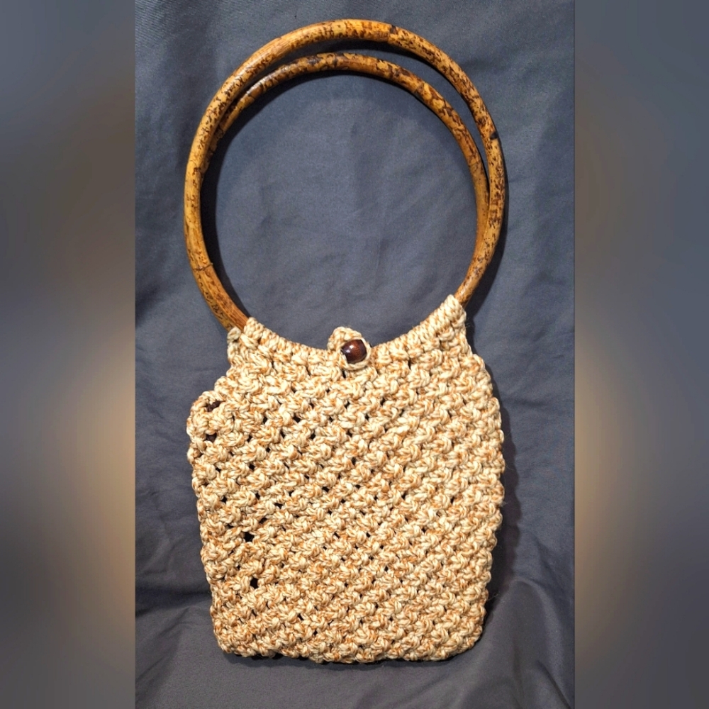 Vintage Macrame Hand Made Knit Double Bamboo Handel BoHo Lined Purse Bag